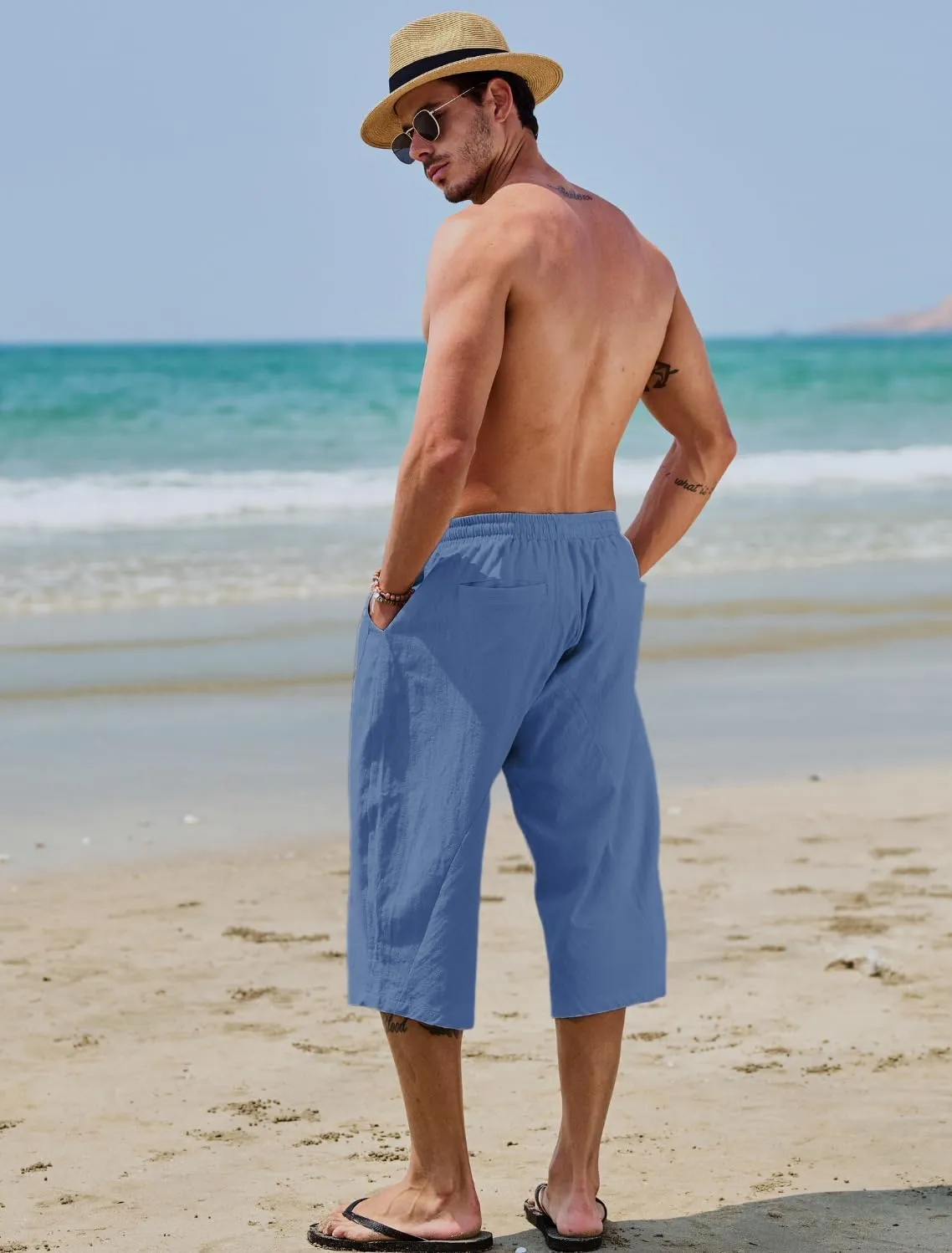 EKLENTSON Mens Cotton Linen Capri Pants Light Loose 3/4 Long Shorts Elastic Waist Drawstring Harem Casual Beach Yoga Trousers