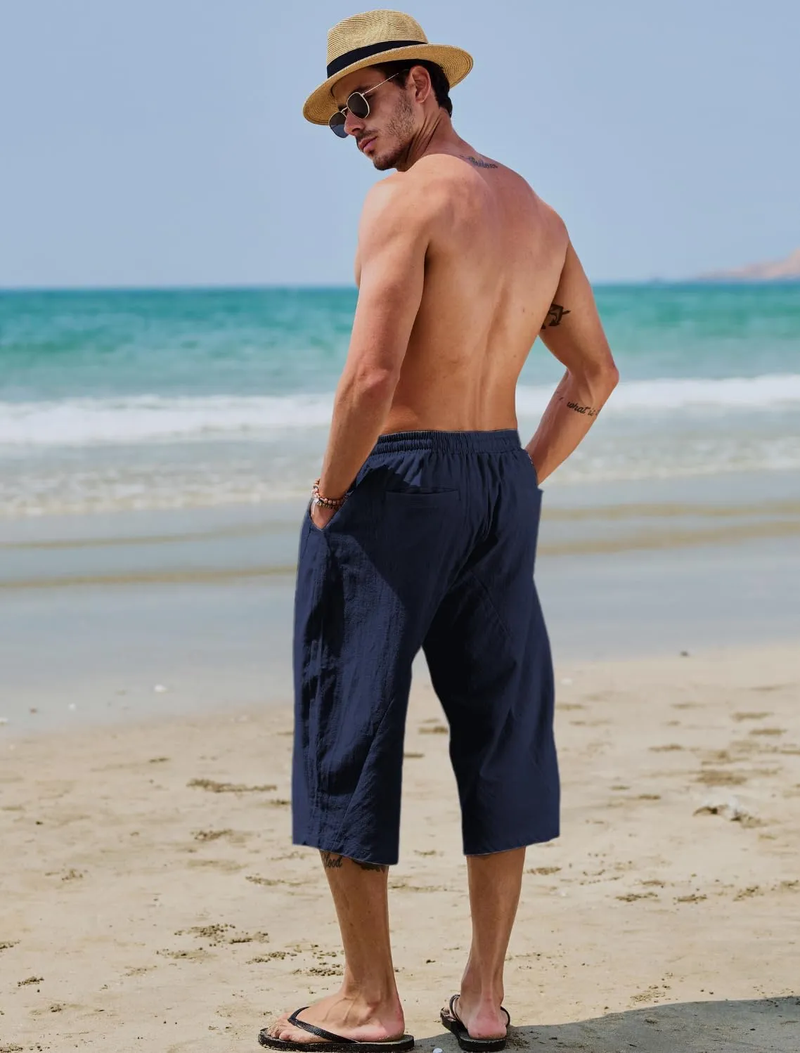 EKLENTSON Mens Cotton Linen Capri Pants Light Loose 3/4 Long Shorts Elastic Waist Drawstring Harem Casual Beach Yoga Trousers