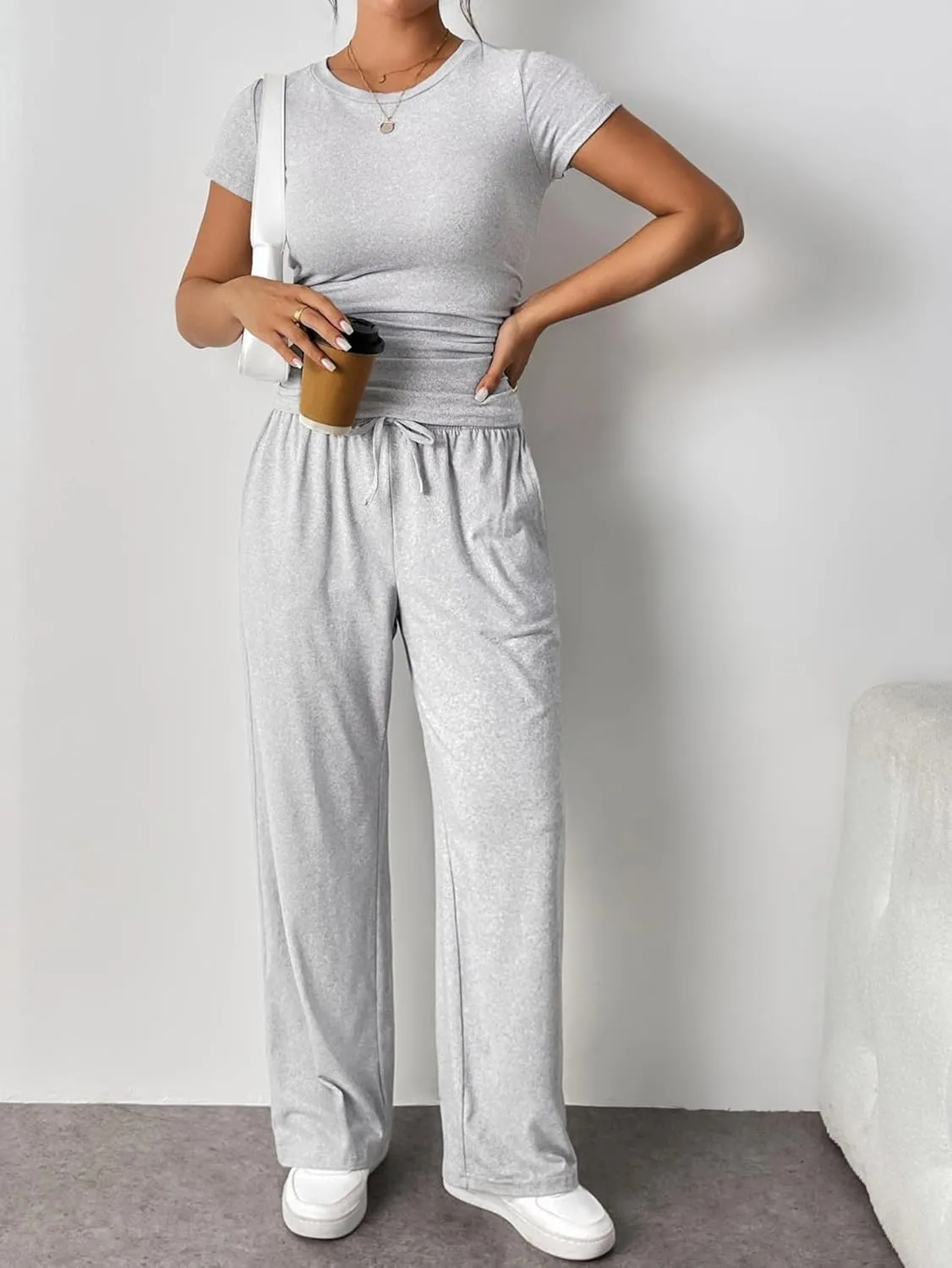Ekouaer 2 Pack Women's Ruched Short Sleeve Pajama Set High Waisted Wide Leg Pants Loungewear Outfits with Pockets