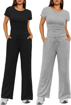 Ekouaer 2 Pack Women's Ruched Short Sleeve Pajama Set High Waisted Wide Leg Pants Loungewear Outfits with Pockets