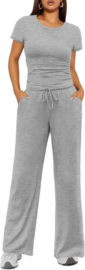 Ekouaer Women's 2 Piece Lounge Sets Ruched Short Sleeve Top and Wide Leg Pants Loungewear Tracksuit Sets with Pockets