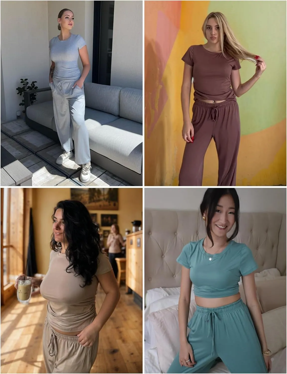 Ekouaer Women's 2 Piece Lounge Sets Ruched Short Sleeve Top and Wide Leg Pants Loungewear Tracksuit Sets with Pockets