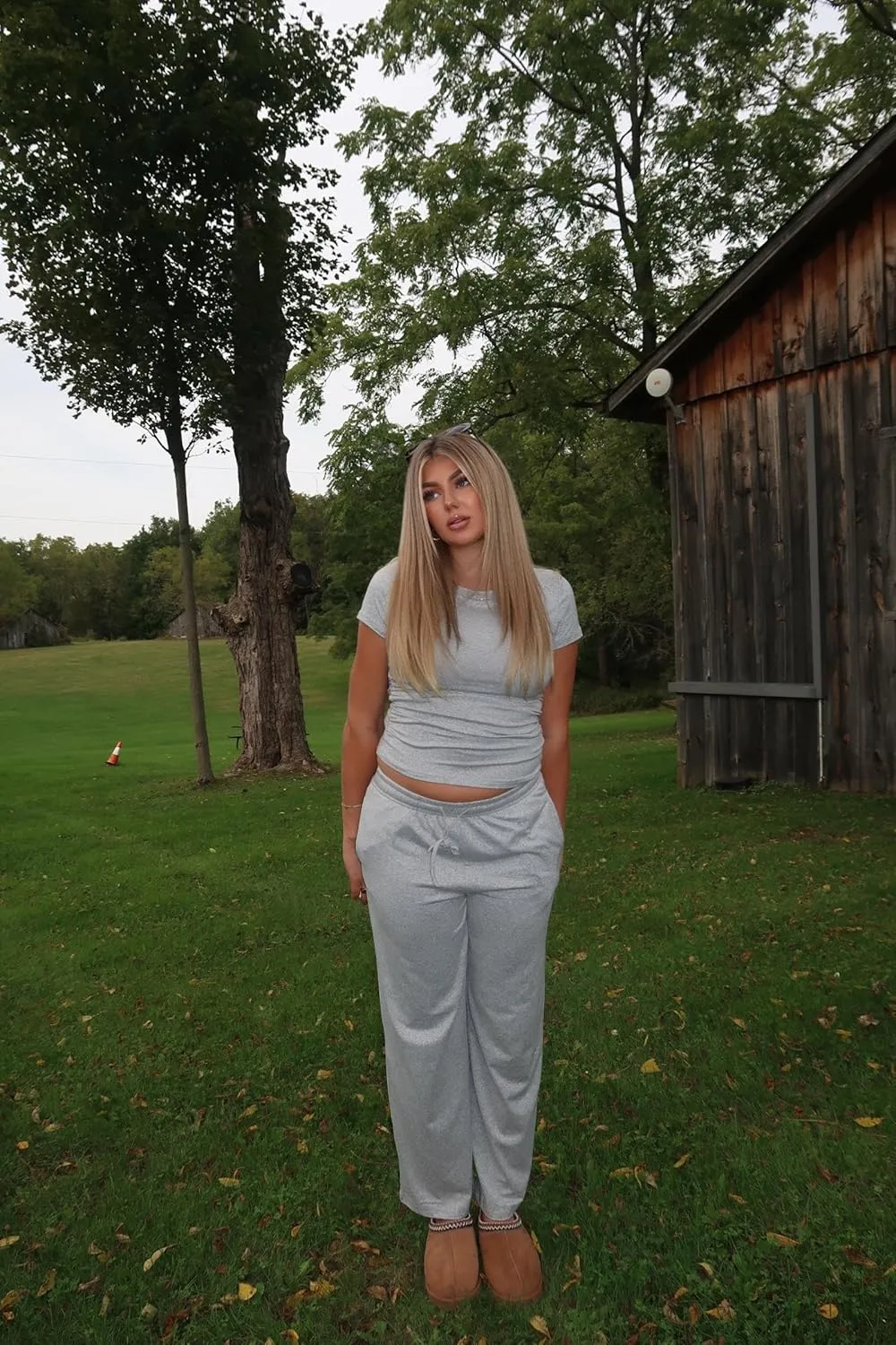 Ekouaer Women's 2 Piece Lounge Sets Ruched Short Sleeve Top and Wide Leg Pants Loungewear Tracksuit Sets with Pockets