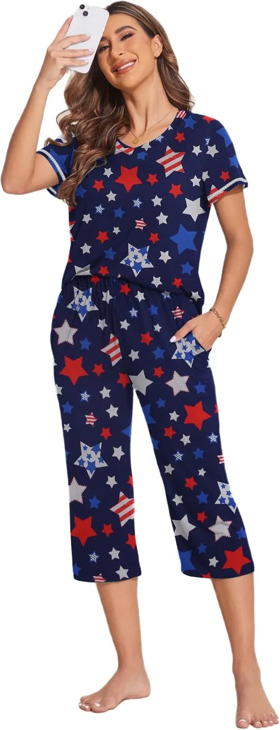 Ekouaer Women's Sleepwear Capri Pajama Sets Short Sleeve Two-Piece Pjs V Neck Tops & Capri Pants with Pockets S-3XL