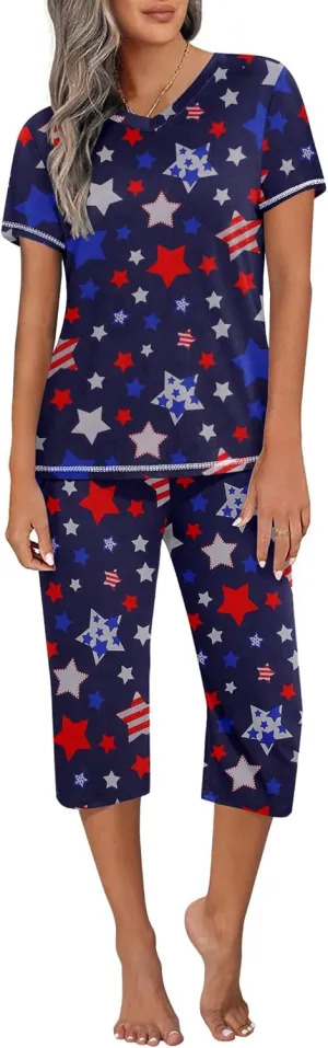 Ekouaer Women's Sleepwear Capri Pajama Sets Short Sleeve Two-Piece Pjs V Neck Tops & Capri Pants with Pockets S-3XL