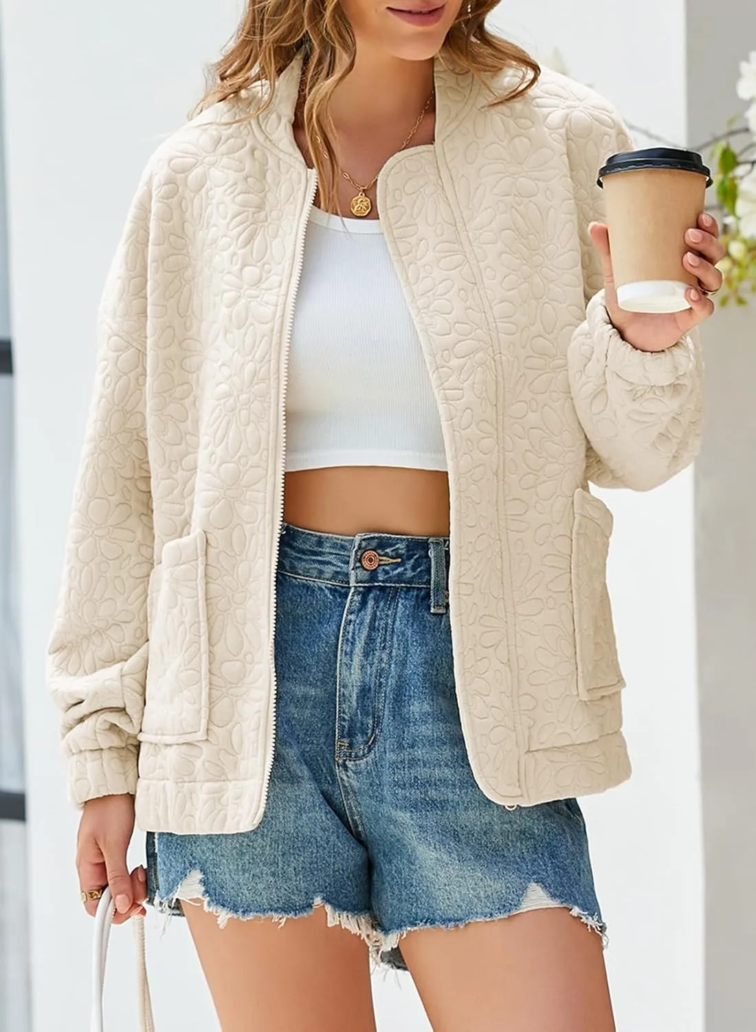 EVALESS Bomber Jackets for Women Spring Fashion 2025 Cute Jacquard Coats Lightweight Zip Up Jackets Dressy Casual