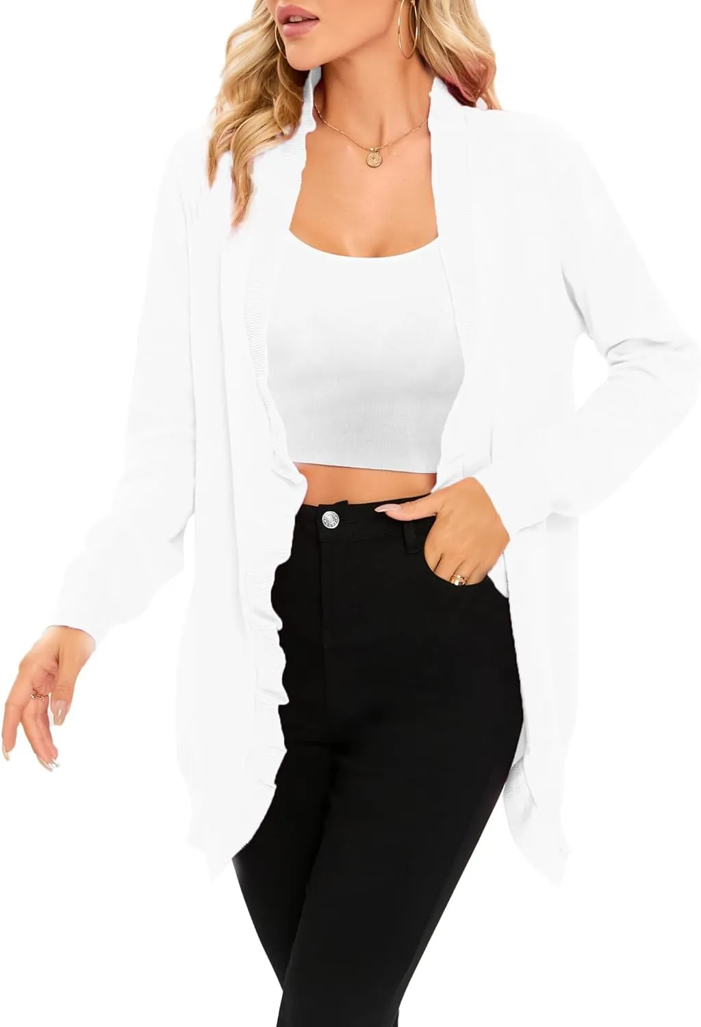 Famulily Cardigan Sweaters for Women Long Sleeve Open Front Coat Ruffle Collar Knit Cardigans