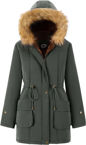 FARVALUE Women's Winter Coat Hooded Warm Fleece Parka Jacket with Fur Trim Coat