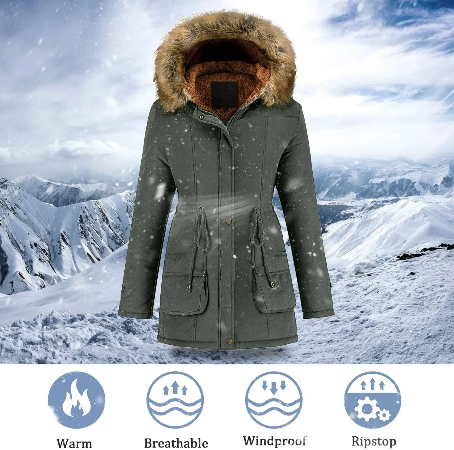 FARVALUE Women's Winter Coat Hooded Warm Fleece Parka Jacket with Fur Trim Coat