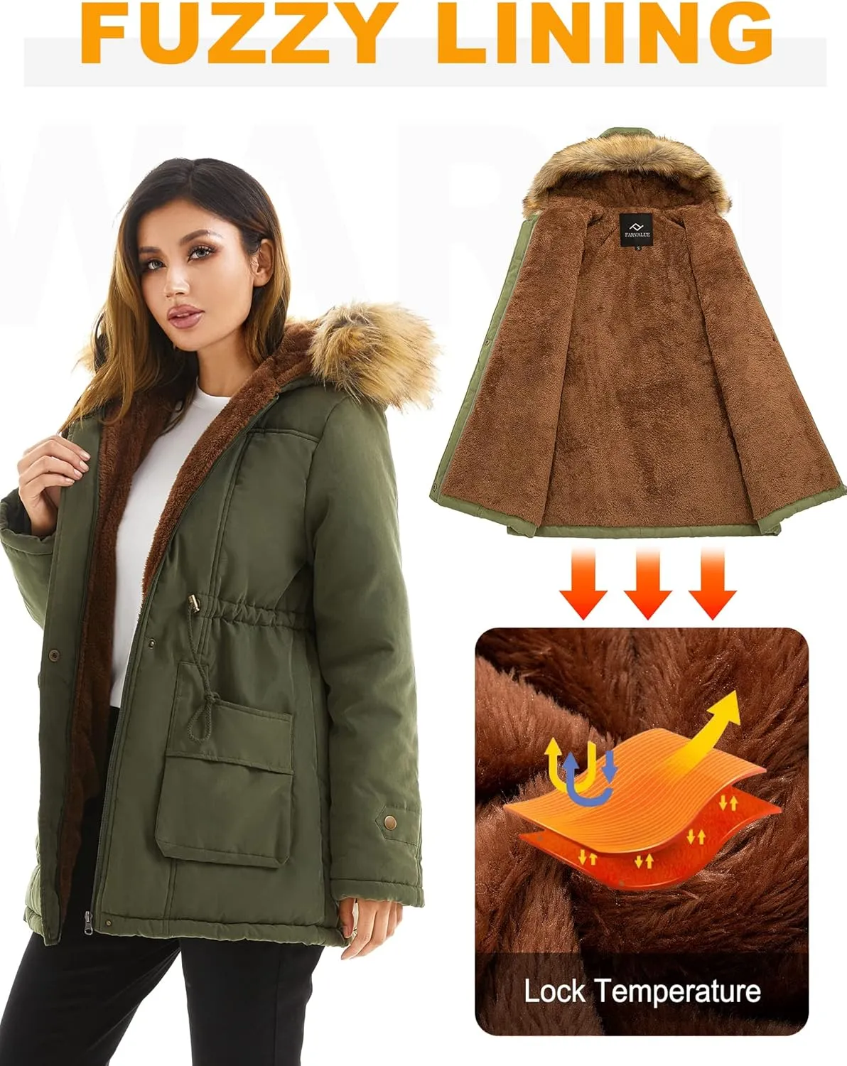 FARVALUE Women's Winter Coat Hooded Warm Fleece Parka Jacket with Fur Trim Coat