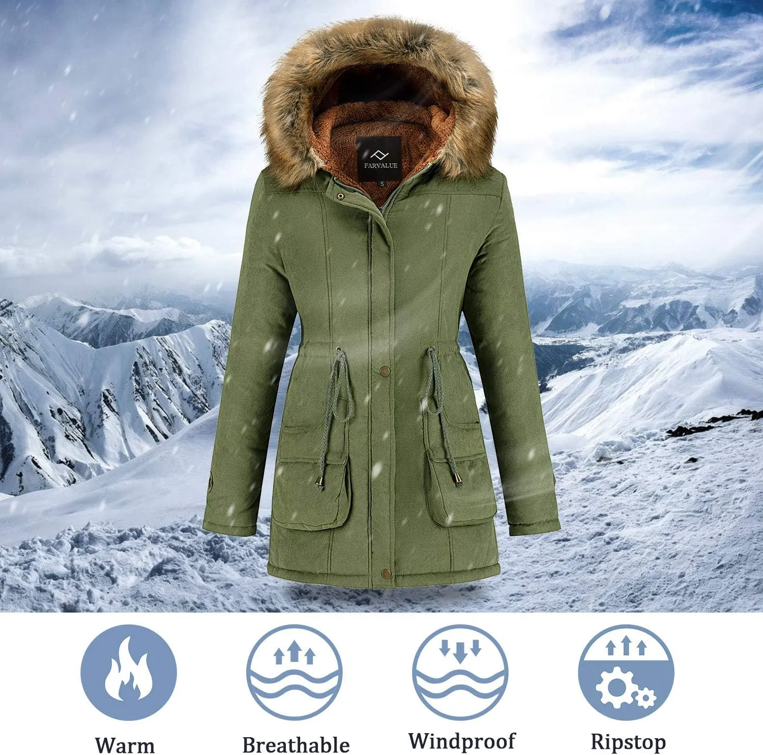 FARVALUE Women's Winter Coat Hooded Warm Fleece Parka Jacket with Fur Trim Coat