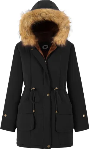 FARVALUE Women's Winter Coat Hooded Warm Fleece Parka Jacket with Fur Trim Coat