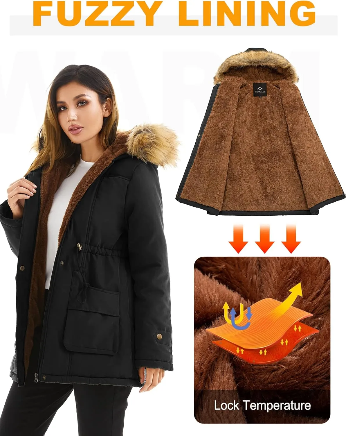 FARVALUE Women's Winter Coat Hooded Warm Fleece Parka Jacket with Fur Trim Coat