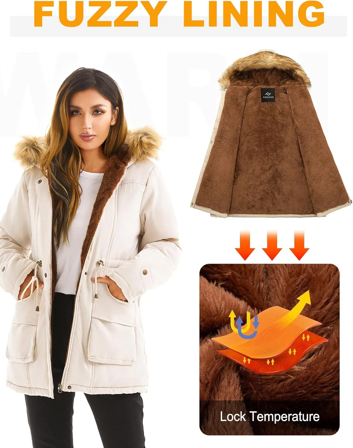 FARVALUE Women's Winter Coat Hooded Warm Fleece Parka Jacket with Fur Trim Coat