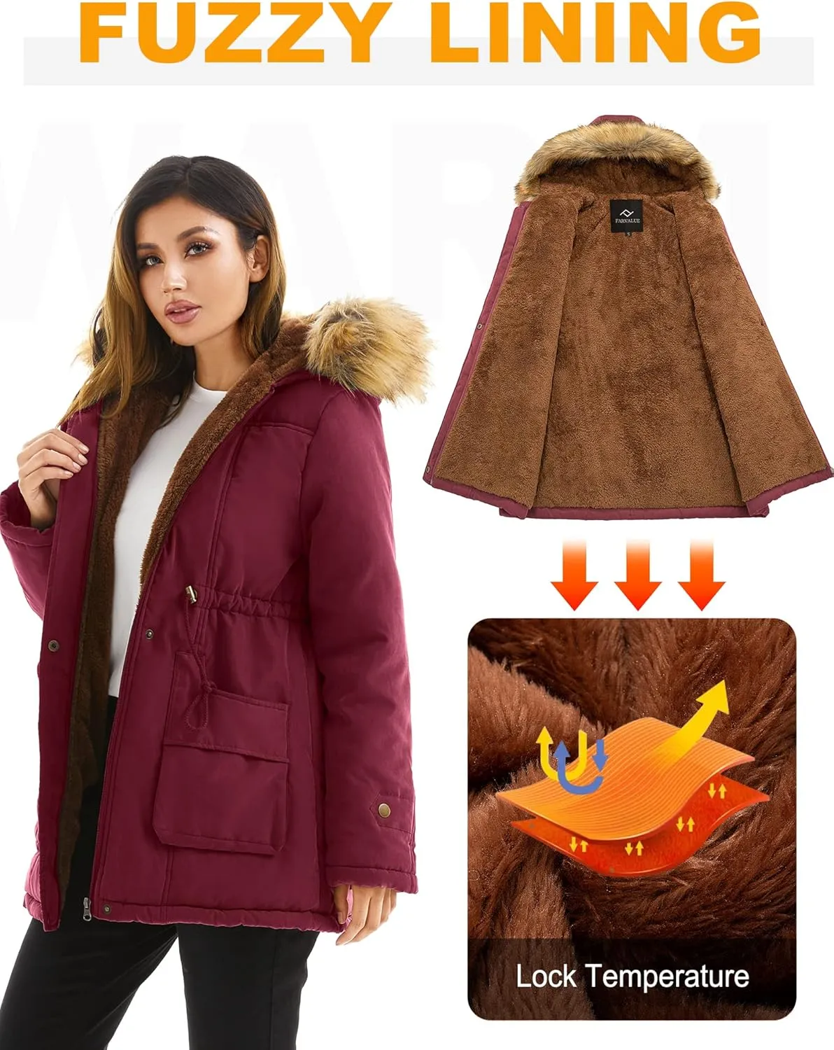 FARVALUE Women's Winter Coat Hooded Warm Fleece Parka Jacket with Fur Trim Coat