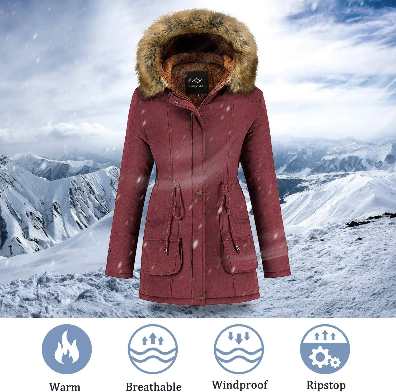 FARVALUE Women's Winter Coat Hooded Warm Fleece Parka Jacket with Fur Trim Coat