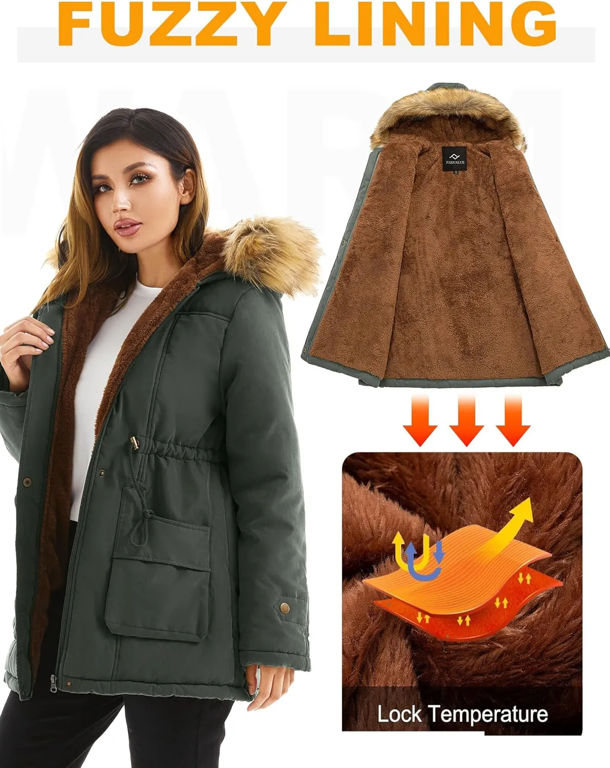 FARVALUE Women's Winter Coat Hooded Warm Fleece Parka Jacket with Fur Trim Coat
