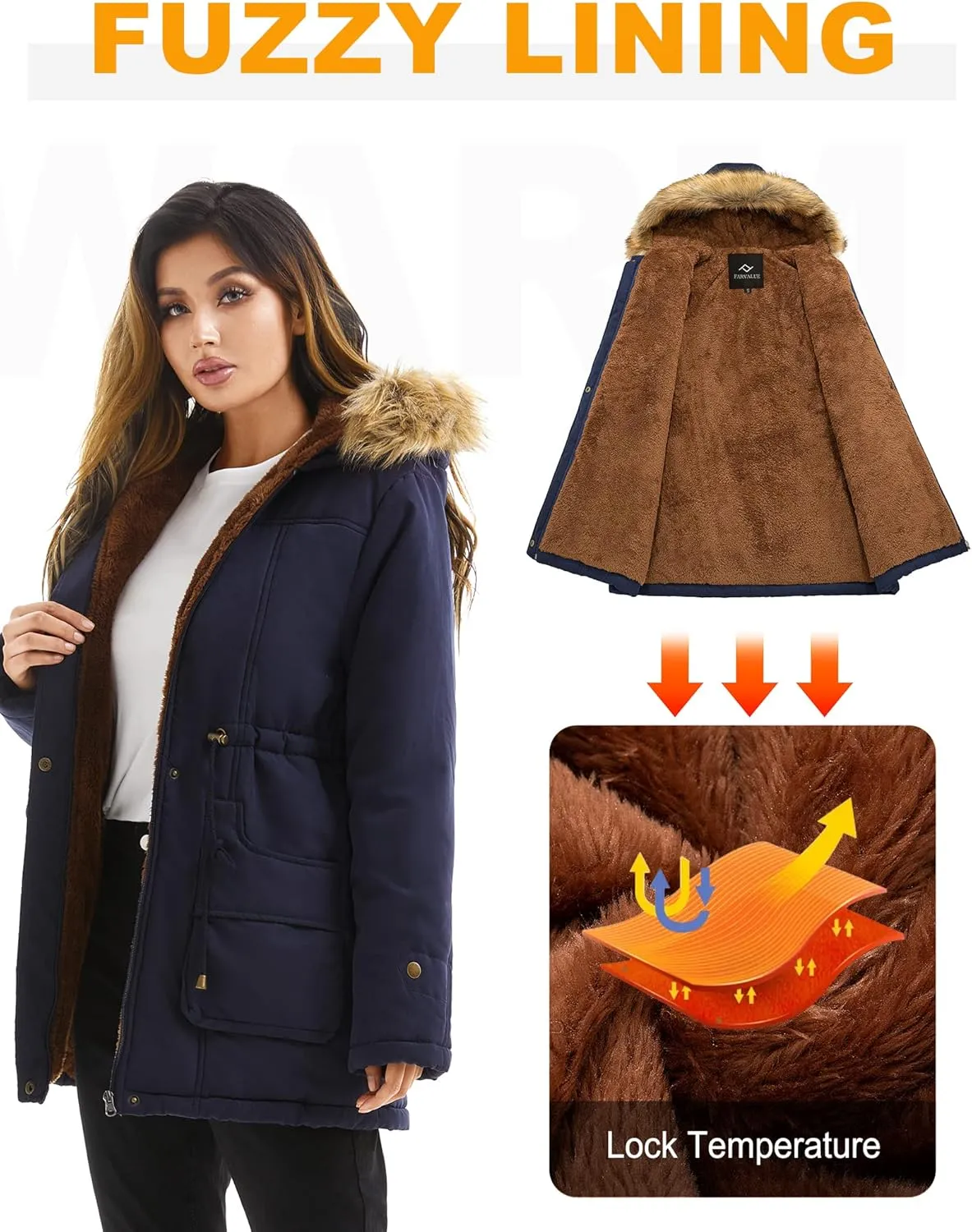 FARVALUE Women's Winter Coat Hooded Warm Fleece Parka Jacket with Fur Trim Coat