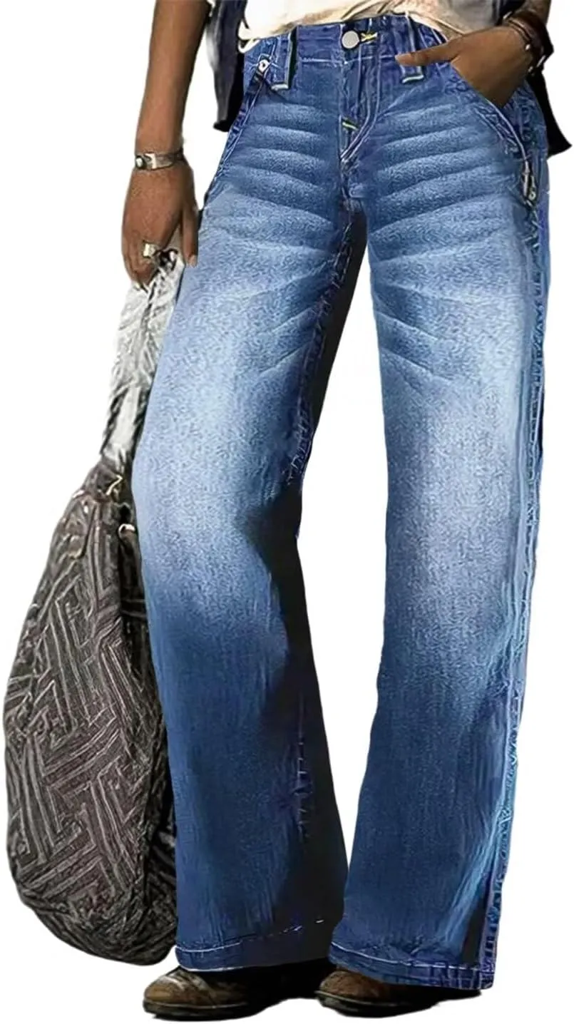 Flamingals Straight Leg Baggy Jeans for Women Low Waist Raw Hem Slant Pocket Boyfriend Jeans Casual Denim Pants