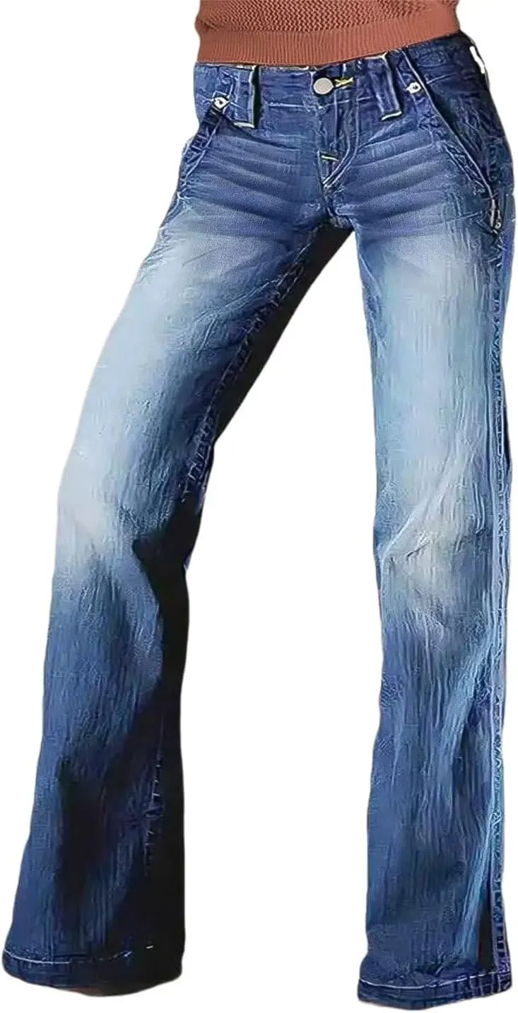Flamingals Straight Leg Baggy Jeans for Women Low Waist Raw Hem Slant Pocket Boyfriend Jeans Casual Denim Pants