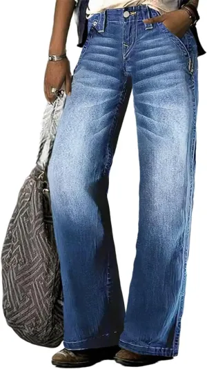 Flamingals Straight Leg Baggy Jeans for Women Low Waist Raw Hem Slant Pocket Boyfriend Jeans Casual Denim Pants