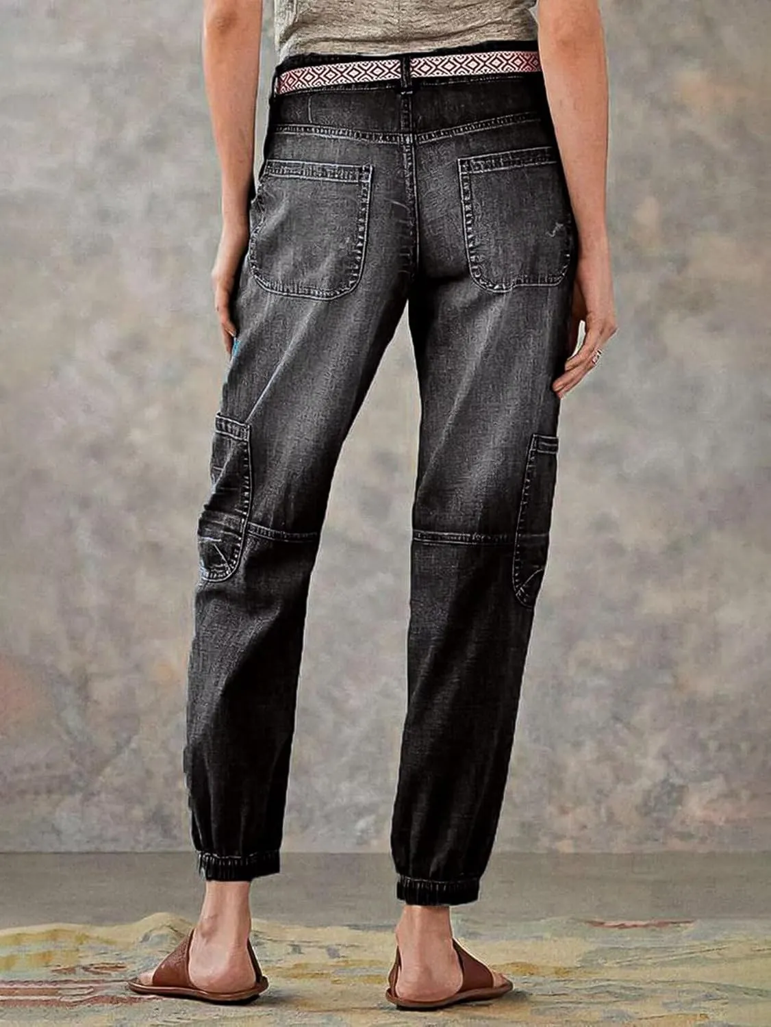 Flamingals Straight Leg Button Fly Jeans for Women Multi Pocket Mid Rise Jeans Without Belt Denim Pants