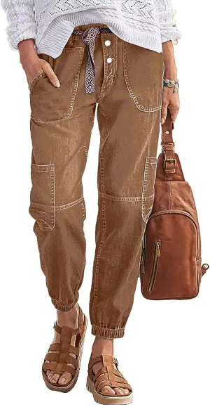 Flamingals Straight Leg Button Fly Jeans for Women Multi Pocket Mid Rise Jeans Without Belt Denim Pants