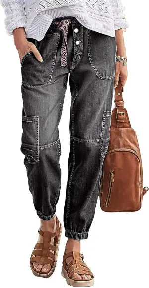 Flamingals Straight Leg Button Fly Jeans for Women Multi Pocket Mid Rise Jeans Without Belt Denim Pants