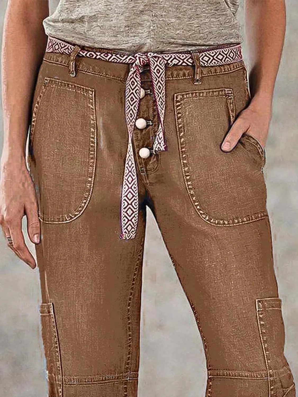 Flamingals Straight Leg Button Fly Jeans for Women Multi Pocket Mid Rise Jeans Without Belt Denim Pants