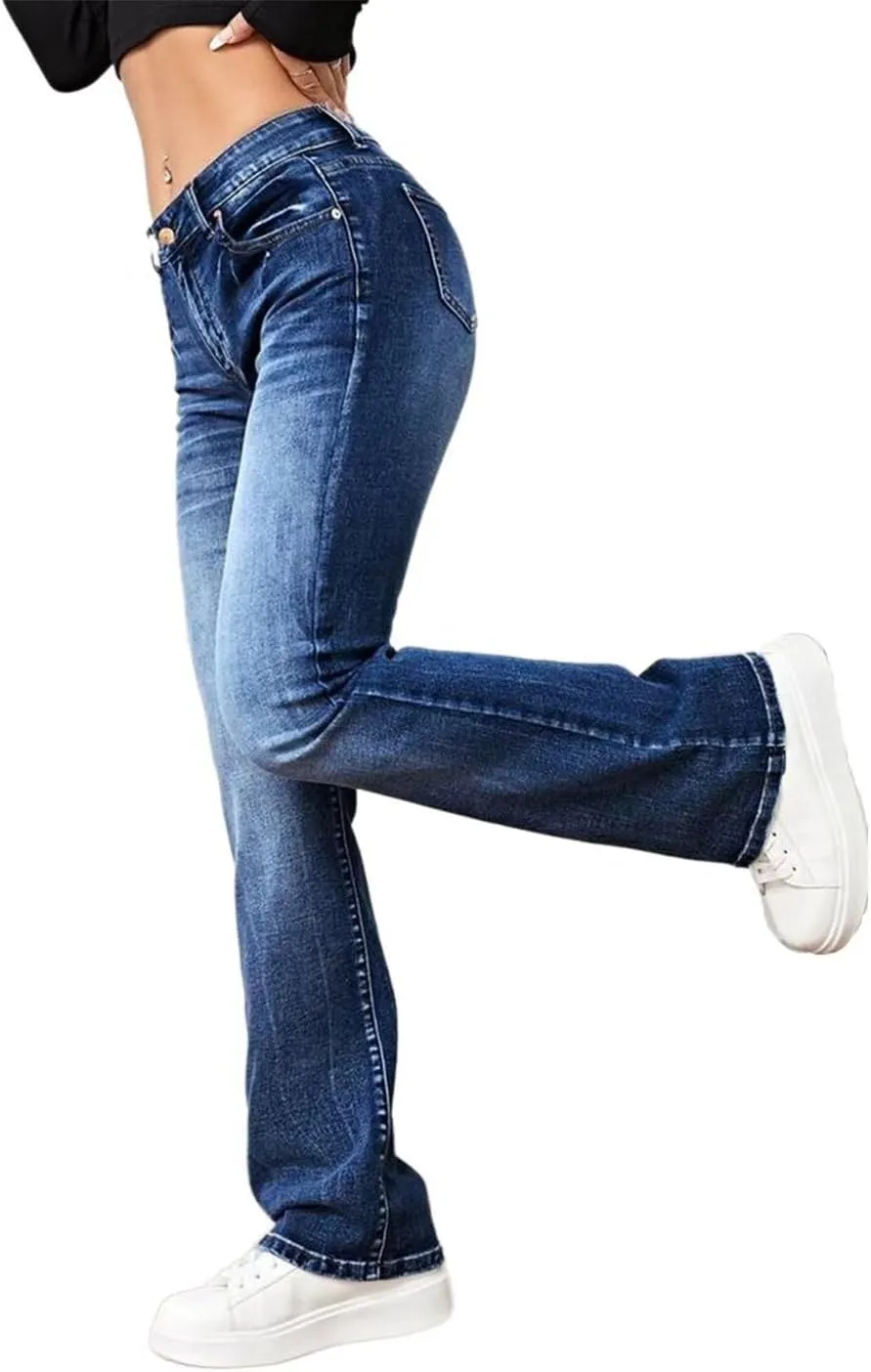 Flamingals Straight Leg Jeans for Women Low Rise Flamingo Stretch Jeans Skinny Wide Leg Denim Pants