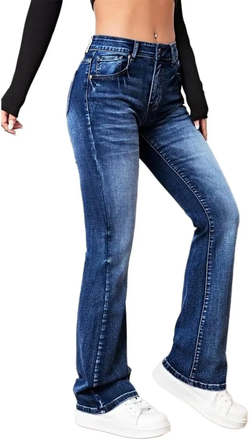 Flamingals Straight Leg Jeans for Women Low Rise Flamingo Stretch Jeans Skinny Wide Leg Denim Pants