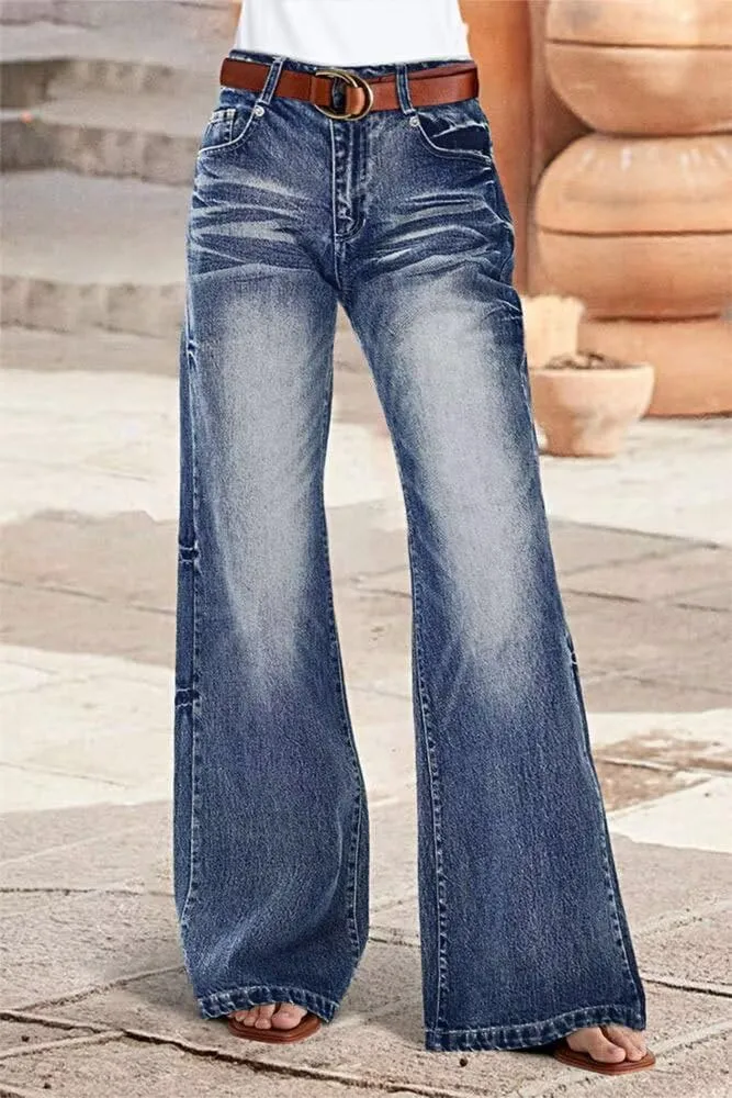 Flamingals Straight Leg Jeans for Women Ripped Raw Hem Mid Waisted Bootcut Jeans Without Belts