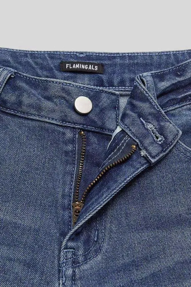 Flamingals Straight Leg Jeans for Women Ripped Raw Hem Mid Waisted Bootcut Jeans Without Belts