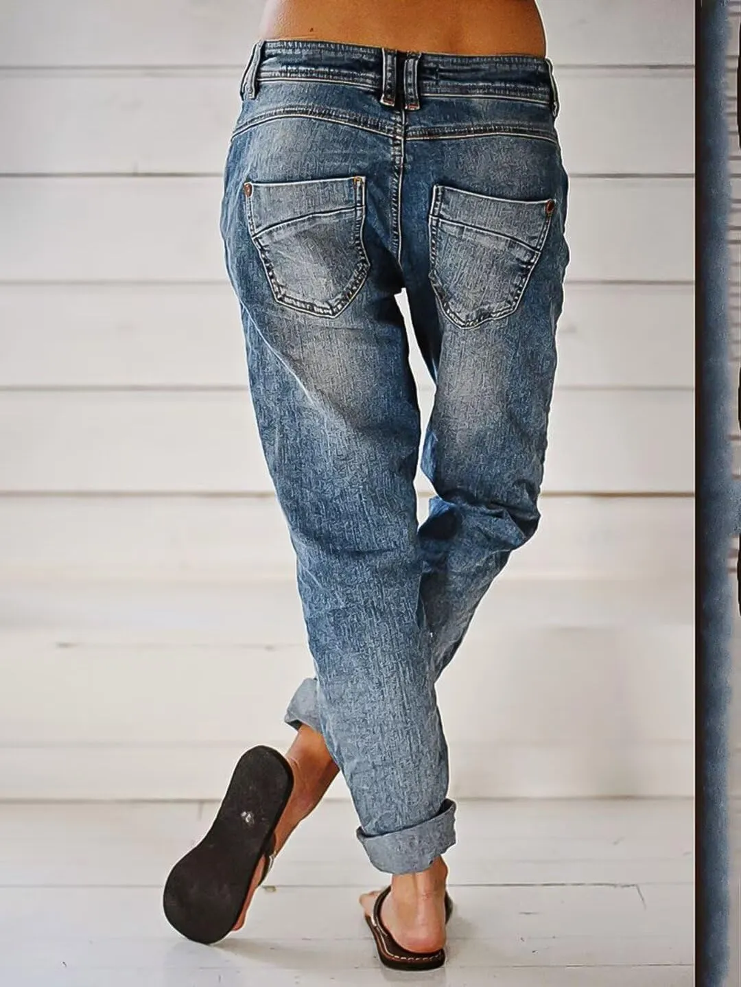 Flamingals Women's Stretchy Straight Leg Casual Low Rise Jeans Wash Button Fly Stitch Detail 90s Trendy Denim Jeans