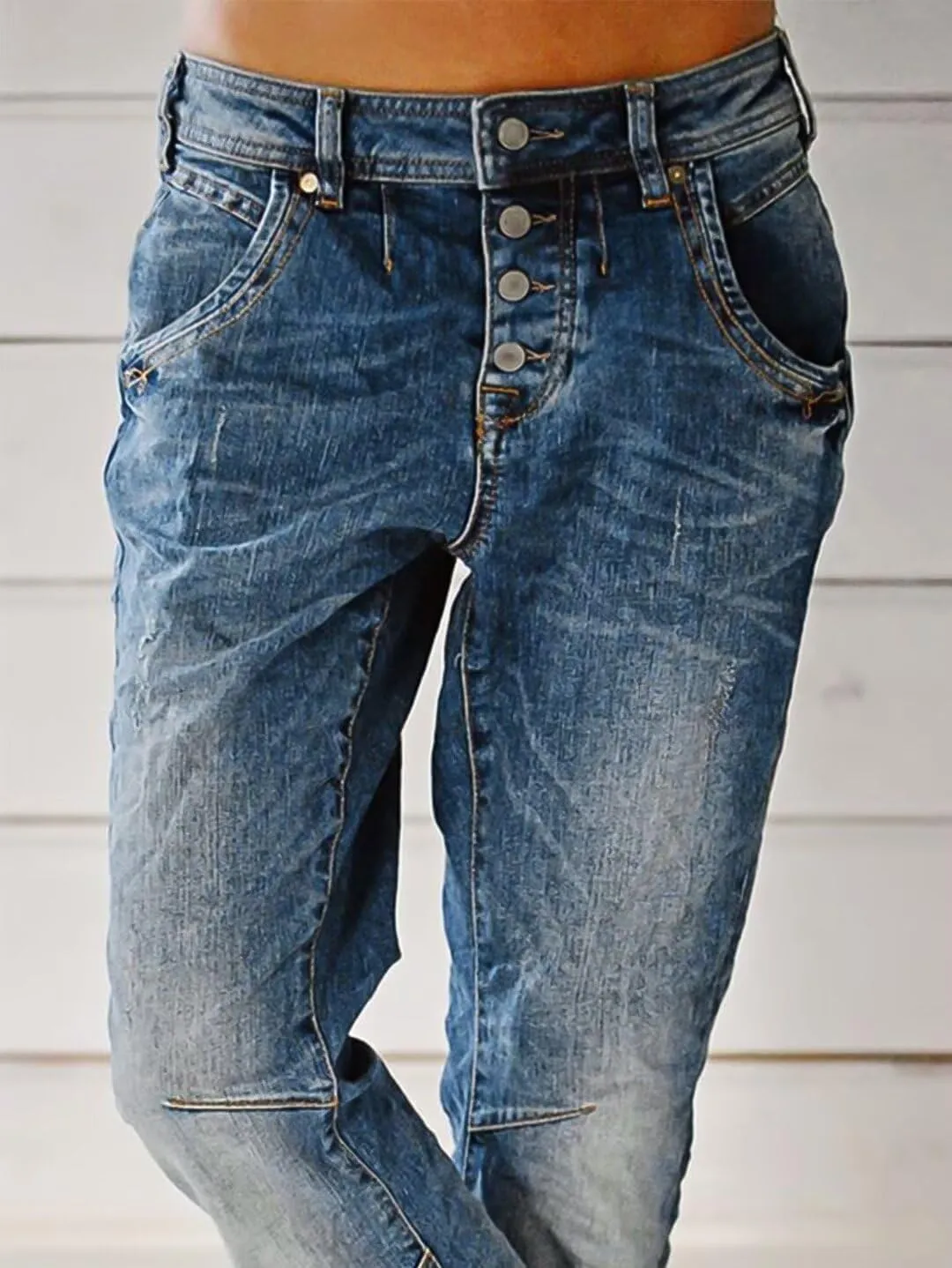Flamingals Women's Stretchy Straight Leg Casual Low Rise Jeans Wash Button Fly Stitch Detail 90s Trendy Denim Jeans