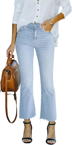 Flare Jeans for Women Cropped Stretchy Mid Rise Bell Bottom Jeans Womens Crop Flare Jeans with Raw Hem