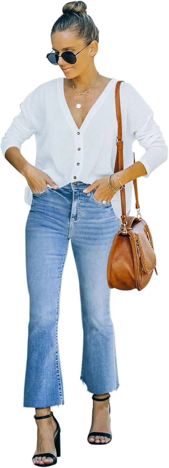 Flare Jeans for Women Cropped Stretchy Mid Rise Bell Bottom Jeans Womens Crop Flare Jeans with Raw Hem