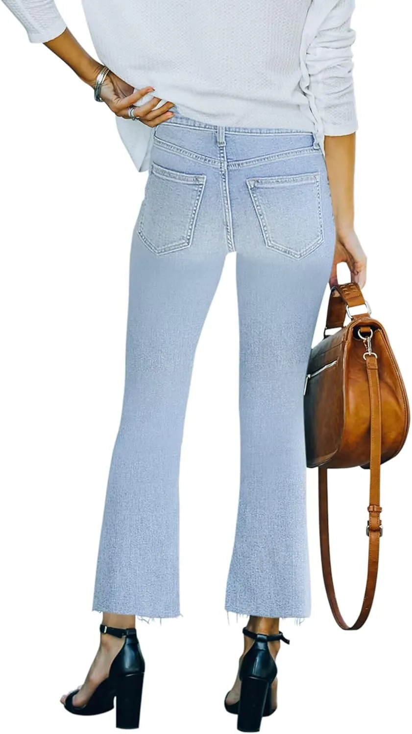 Flare Jeans for Women Cropped Stretchy Mid Rise Bell Bottom Jeans Womens Crop Flare Jeans with Raw Hem