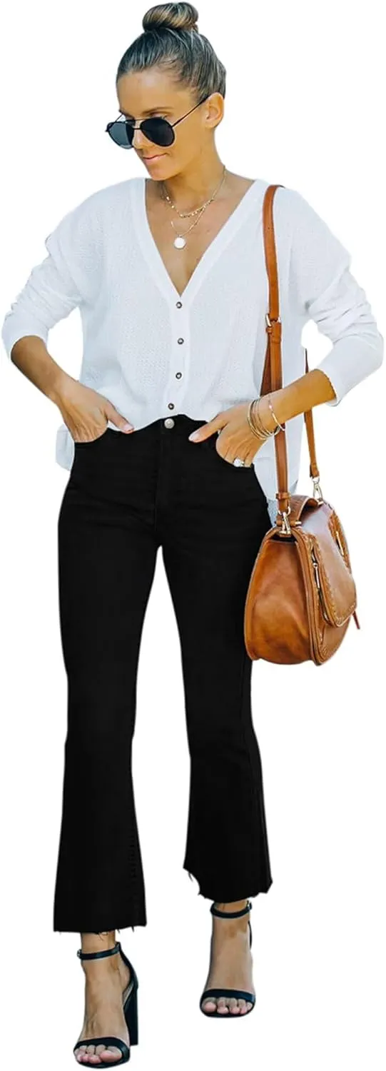 Flare Jeans for Women Cropped Stretchy Mid Rise Bell Bottom Jeans Womens Crop Flare Jeans with Raw Hem