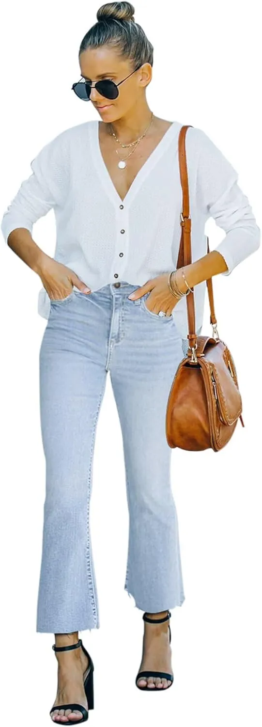 Flare Jeans for Women Cropped Stretchy Mid Rise Bell Bottom Jeans Womens Crop Flare Jeans with Raw Hem