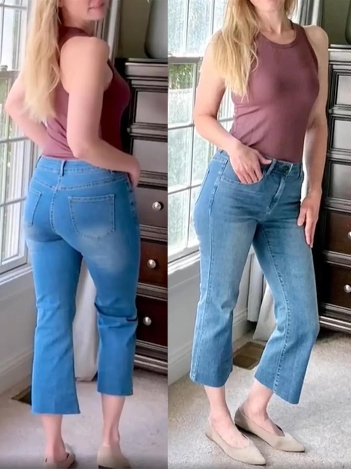 Flare Jeans for Women Cropped Stretchy Mid Rise Bell Bottom Jeans Womens Crop Flare Jeans with Raw Hem