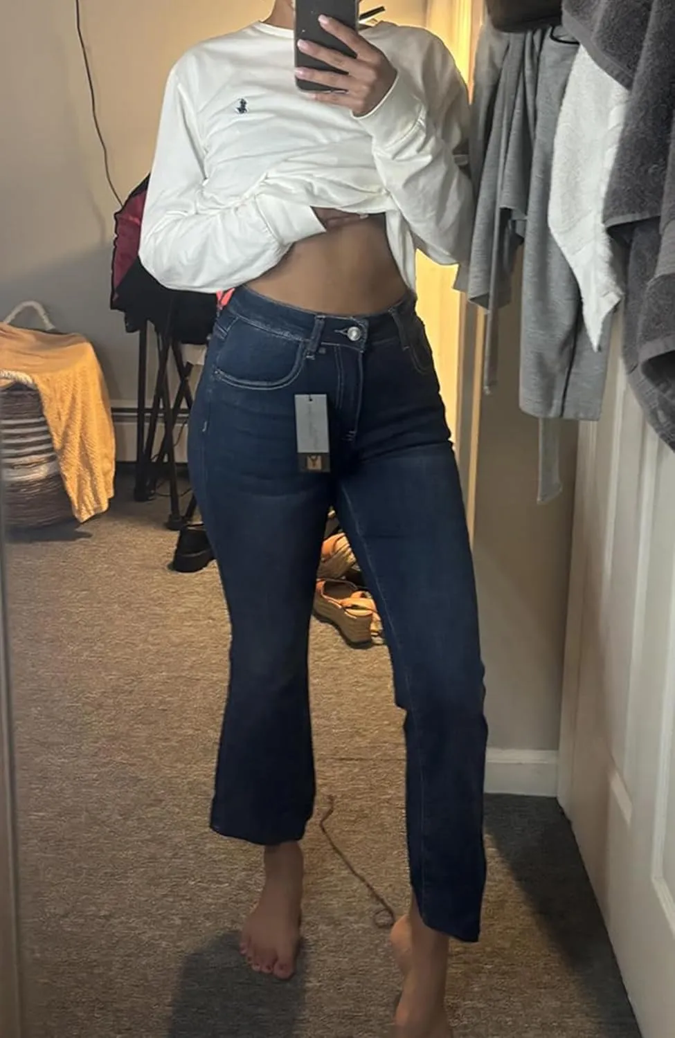 Flare Jeans for Women Cropped Stretchy Mid Rise Bell Bottom Jeans Womens Crop Flare Jeans with Raw Hem