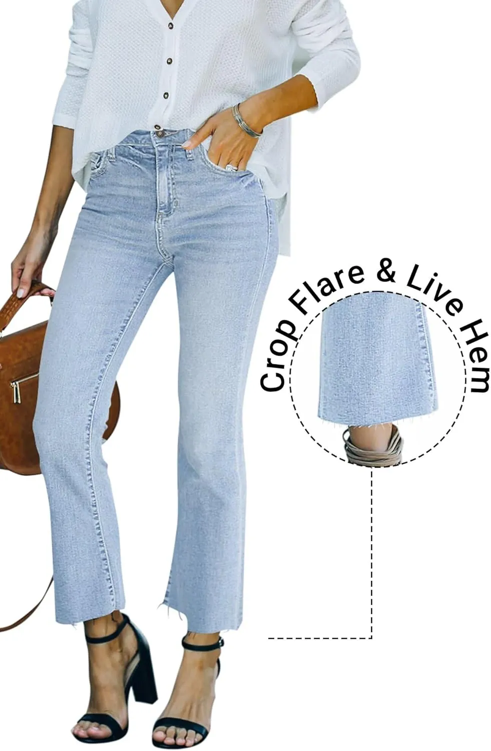 Flare Jeans for Women Cropped Stretchy Mid Rise Bell Bottom Jeans Womens Crop Flare Jeans with Raw Hem