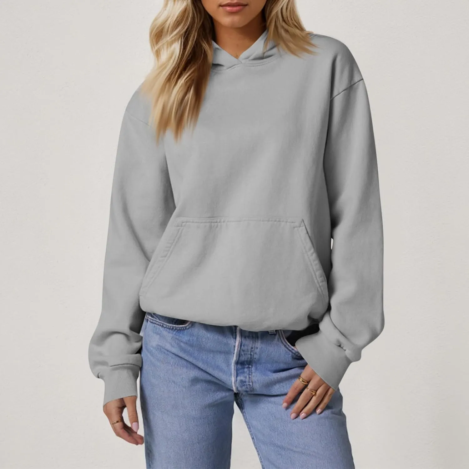 Fleece Hoodie Women Oversized Plain Hooded Sweatshirt Casual Long Sleeve Pullover Tops Comfy Drop Shoulder Sweater