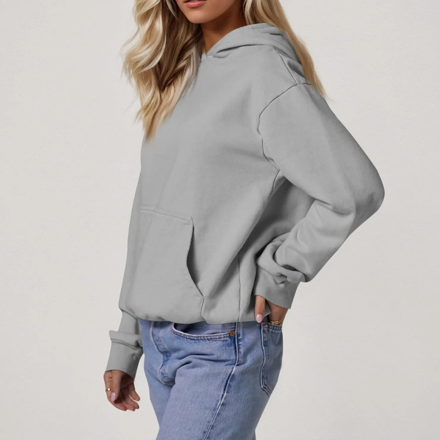 Fleece Hoodie Women Oversized Plain Hooded Sweatshirt Casual Long Sleeve Pullover Tops Comfy Drop Shoulder Sweater