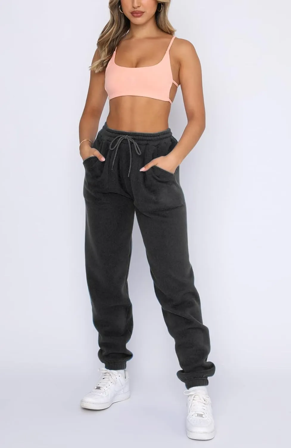 Fleece Lined Womens Sweatpants - High Waisted Joggers for Women, Cotton Drawstring Baggy Sweats Women Pants