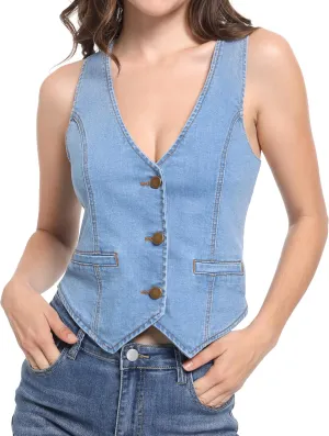 Foucome Womens Denim Vest Button Up V Neck Cropped Jean Vest Top (Light Blue, S)