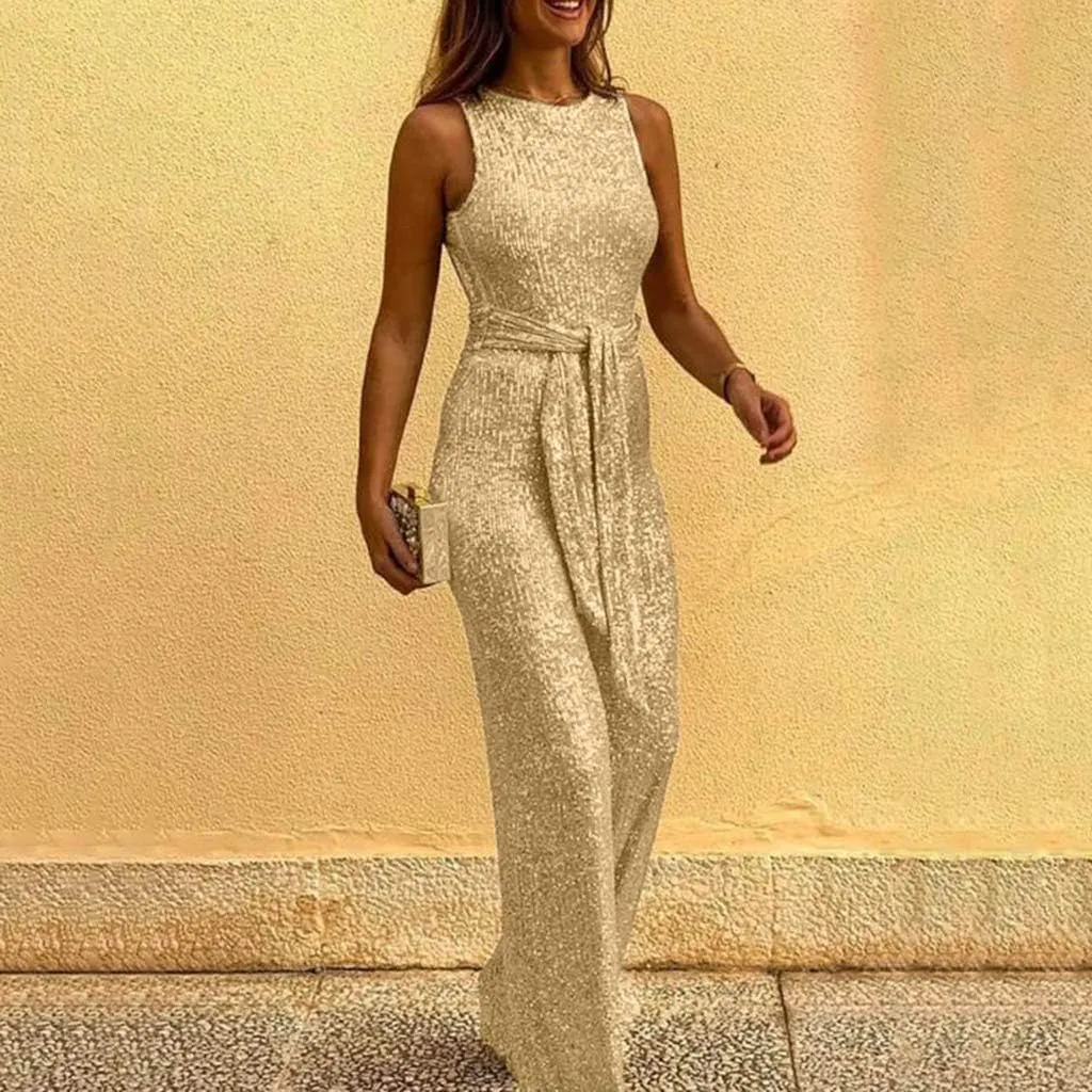 Franterd Jumpsuit for Womens Party, Elegant Sexy Sleeveless Wide Leg Pants Cocktail Pantsuit Jumpsuit Romper with Belt