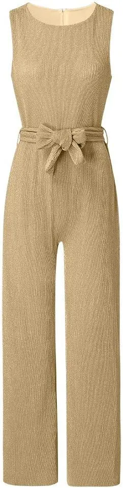 Franterd Jumpsuit for Womens Party, Elegant Sexy Sleeveless Wide Leg Pants Cocktail Pantsuit Jumpsuit Romper with Belt