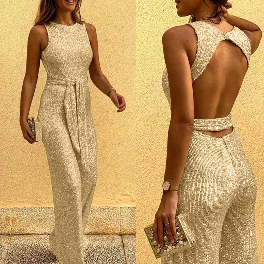 Franterd Jumpsuit for Womens Party, Elegant Sexy Sleeveless Wide Leg Pants Cocktail Pantsuit Jumpsuit Romper with Belt